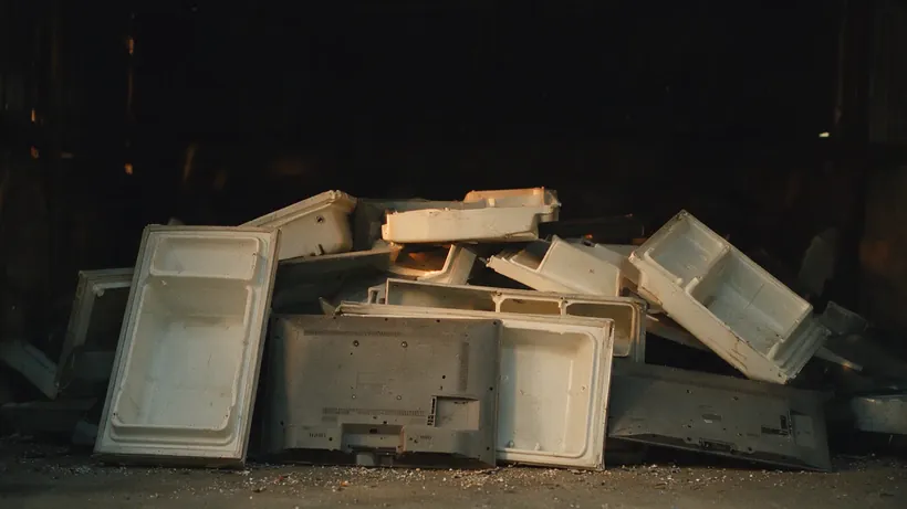 White refrigerator liners and grey television back covers stacked on a concrete floor (illustration)