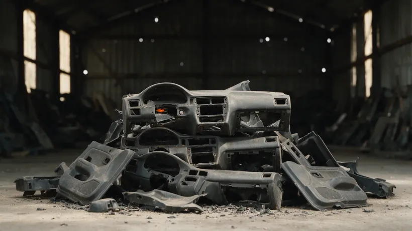Dismantled car dashboards and door panels stacked on a concrete floor (illustration)