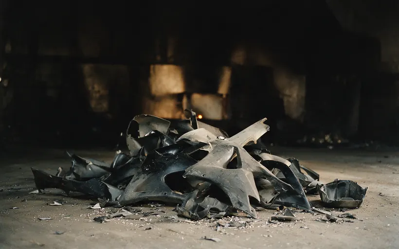 Scrapped motorcycle fairings and body panels piled on a floor (illustration)
