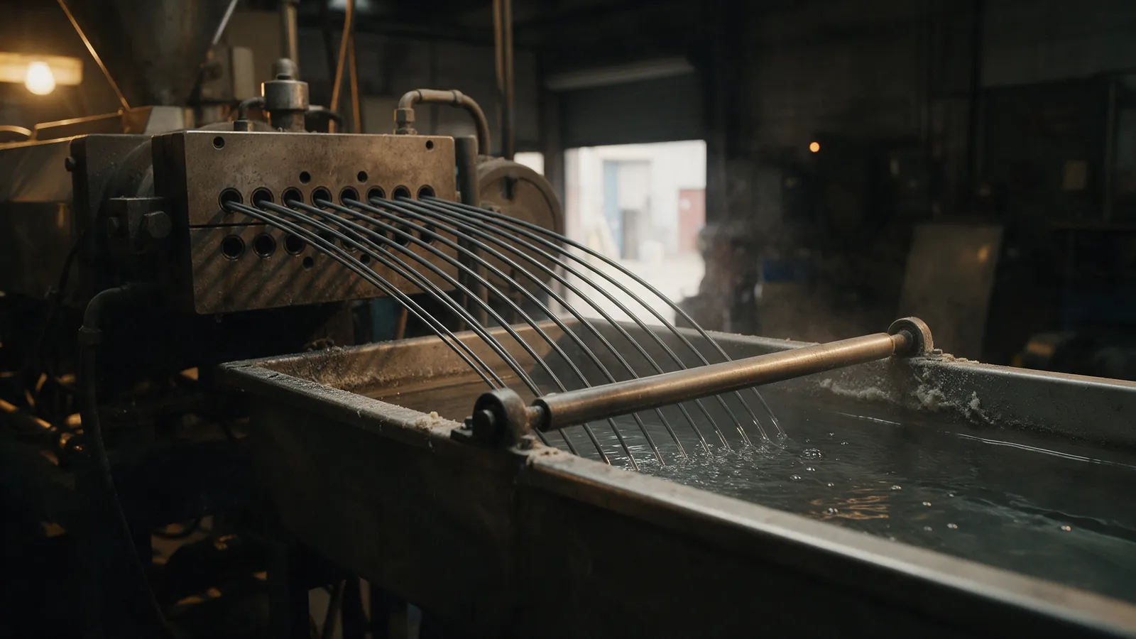 Molten plastic strands leaving an extruder die into a cooling water trough (illustration)