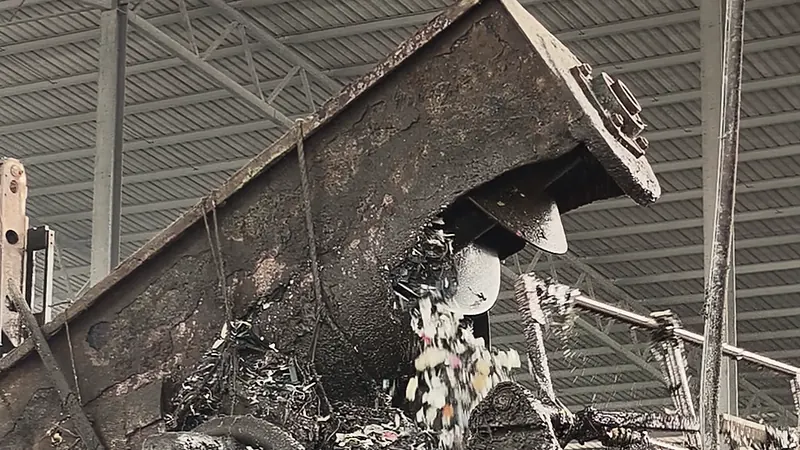 Crushed plastic scrap pouring from a chute into a bin