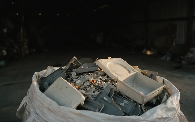 Loose scrapped appliance lids, back covers and drawer trays in a bulk bag (illustration)