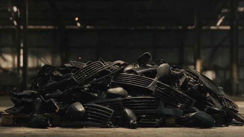Scrapped black car grilles and mirror housings piled on a pallet (illustration)