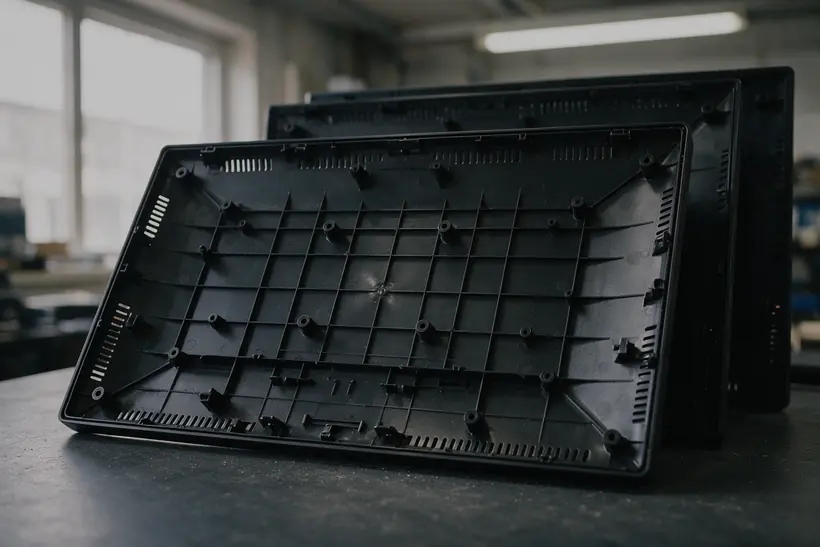 Moulded monitor back housings on a workbench (illustration)