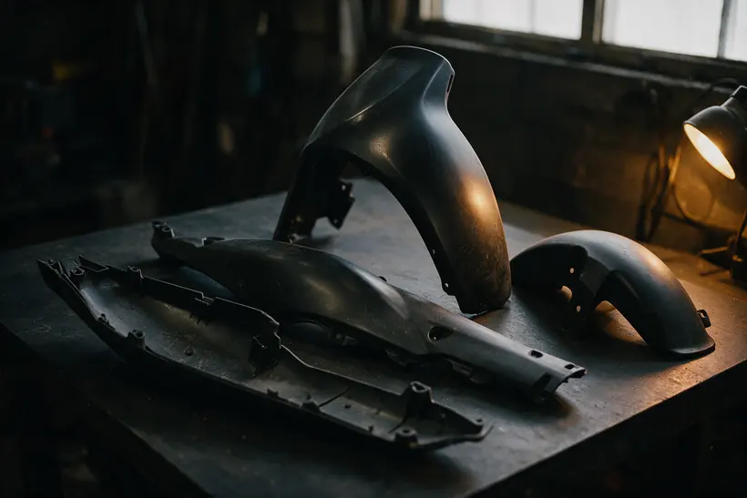 Moulded motorbike body covers on a workbench (illustration)