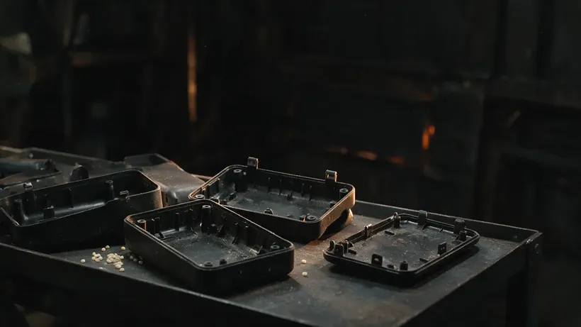 Black moulded electronics housings with ribs and screw bosses on a workbench (illustration)