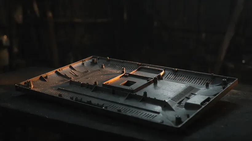 The plain back housing of a monitor, moulded in dark grey plastic, face down on a bench (illustration)