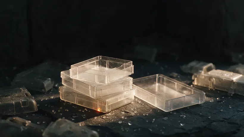 Clear moulded polystyrene boxes and a tray on dark slate (illustration)