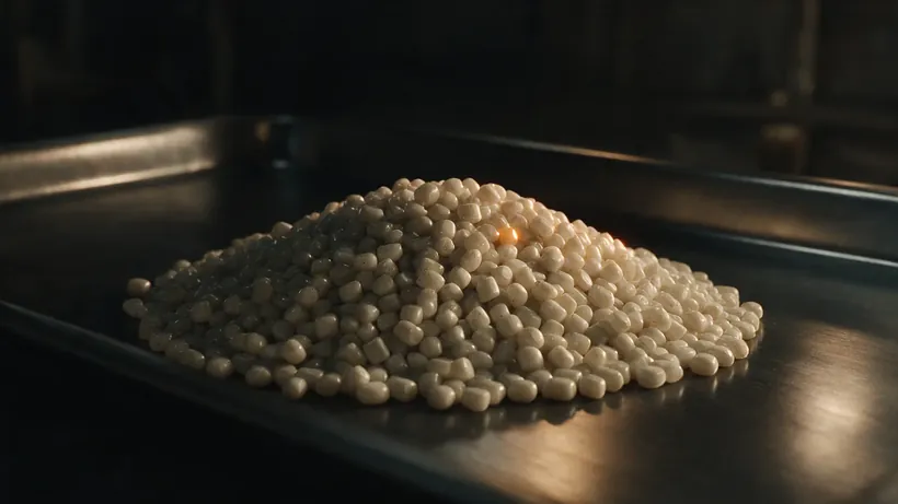 Off-white virgin resin pellets heaped on a steel tray (illustration)